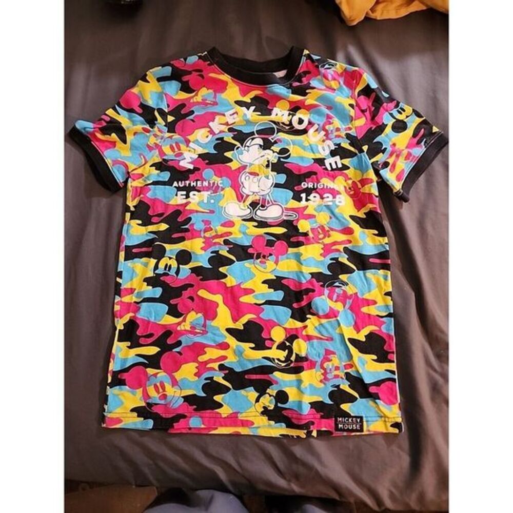Disney Parks Mickey‎ Mouse Camo Shirt Women Size Small Ringer All Over Mickey